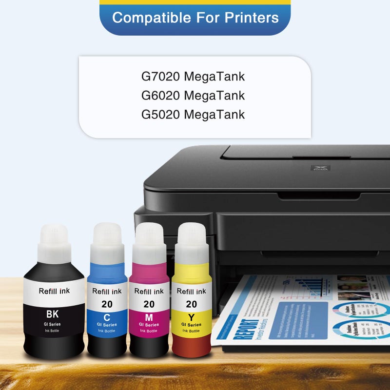 Topcolor Compatible Dye Ink Replacement for Canon GI-20 GI20 Ink Bottles Refills Kit for Canon G6020 G7020 G5020 MegaTank Printers, 170mL Black Ink Refill, 70mL Cyan Magenta Yellow, 4 Packs - Image 2